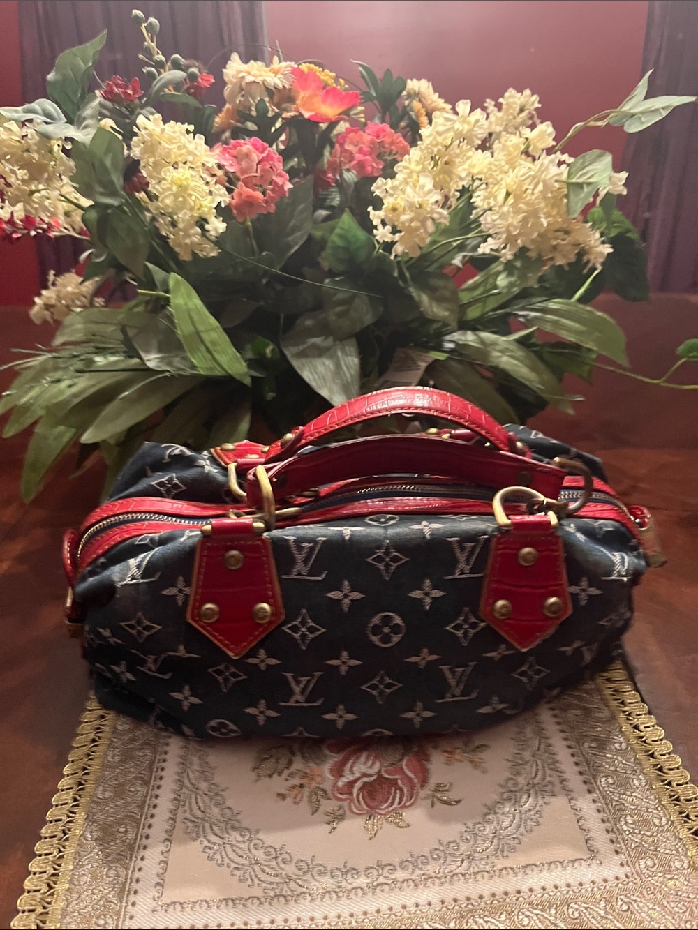 Designer Monogram Barrel Satchel - Blue with Red Trim